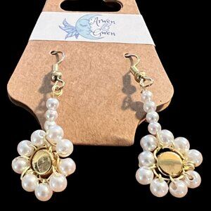 Pearl White Acrylic Beaded Drop Earrings, Gold Accents